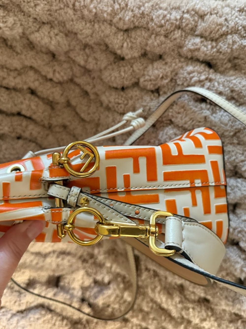 Fendi Orange and White Monogram Drawstring Crossbody Bag - Picture 4 of 6